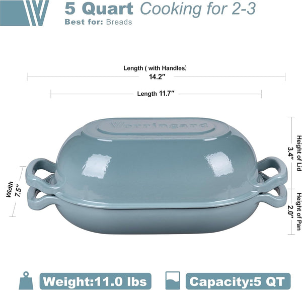 Enameled Cast Iron Sourdough Bread Oven, Dutch Oven, Loaf Cast Iron Bread Pan for Homemade Bread Baking, Meatloaf Pan with Lid, 5QT, Sea Salt2