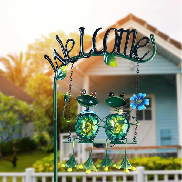 Solar Lights Outdoor Waterproof, Frog Swing Garden Decor, Frog Decorative Stake with Welcome Sign Landscape Patio Yard Gifts for Women Mom (48 Inch)5