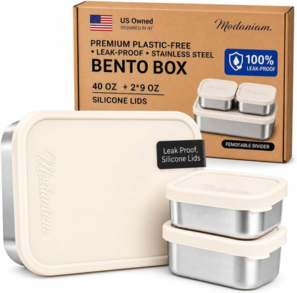 Flexibento - 40 OZ Set -Leak Proof Stainless Steel Lunch Box Containers, Lunch Containers with Silicone Lids,Steel Bento Box,Metal Lunch Box, Vanilla Set of 3, 1 * 40OZ + 2 * 9 OZ1