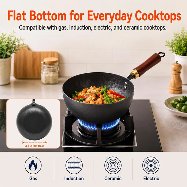 8-Inch Carbon Steel Wok with Lid, Flat Bottom, Gas and Induction | Hammered Carbon Steel, 1.6 Qt Capacity, Removable Beechwood Handle, Uncoated, for Noodles, Eggs, Sauces and 1-2 Servings5