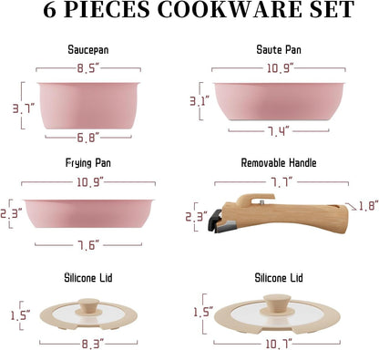 6 Pieces Kitchen Non-Stick Cookware Sets with Removable Handle, Stackable Pots and Pans Set Nonstick for Induction Gas Rvs Camping Space Saving，Pink2