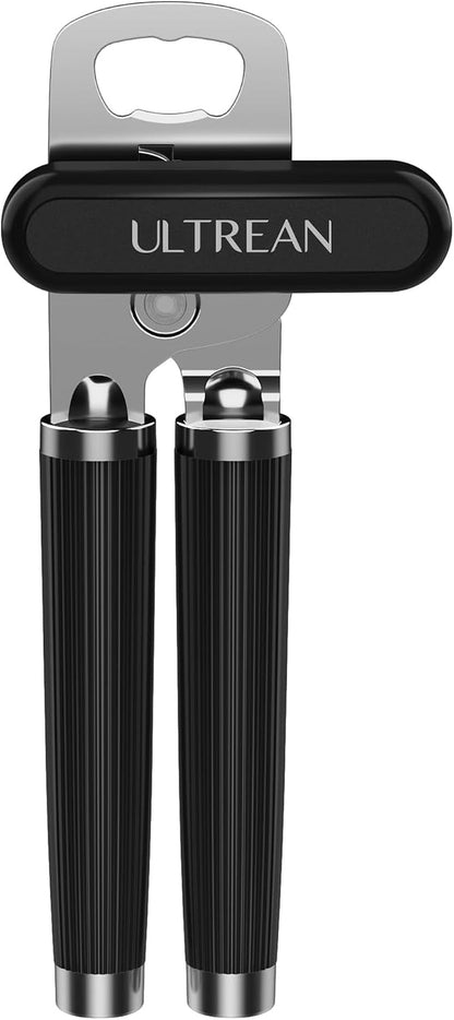 Manual Can Opener Bottle Opener, Heavy Duty Stainless Steel Smooth Edge Manual Hand Held Can Opener with Soft Touch Handle, Rust Proof Oversized Handheld Easy Turn Knob (Black)1