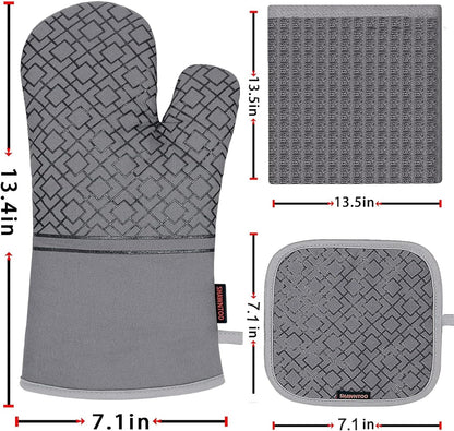 Oven Mitts and Pot Holders Sets 6Pcs, Kitchen Oven Glove,High Heat Resistant 550 Degree Extra Long Oven Mitts and Potholders with Non-Slip Silicone Surface for Home Essentials (Grey) (Gray)2