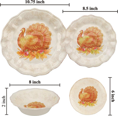 16 Piece Glitter Turkey Melamine Dinnerware Sets, Outdoor Dishes Set, Plates and Bowls Sets, Autumn Thanksgiving Decorations, Service for 4, Orange4