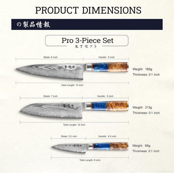 Japanese Chef Knife Set 3 Pcs, 67-Layer Damascus Kitchen Knife Set with VG10 Steel Core, Professional Sharp Damascus Knives with Ocean-Blue Ergonomic Handle, Include Elegant Cooking Gifts Box5