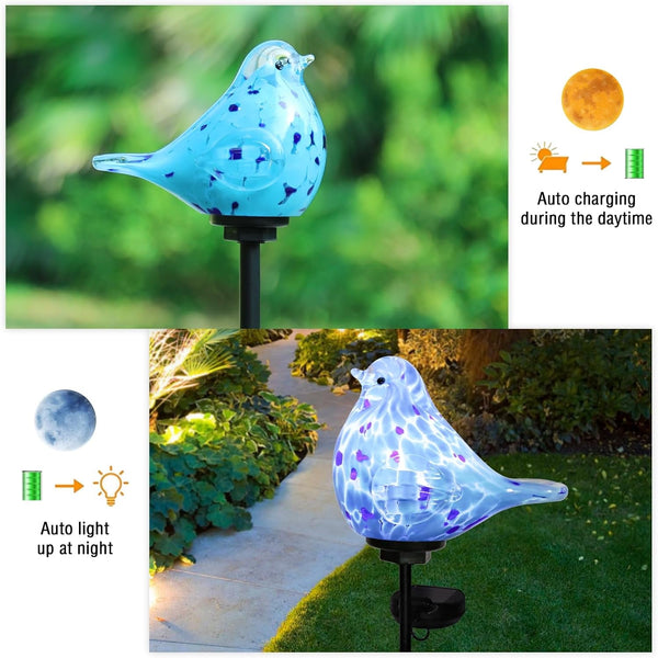 Solar Garden Stake, Hand-Blown Glass Bluebird Light Outdoor Garden Decor3