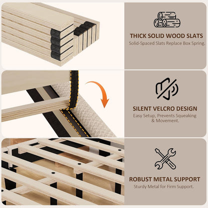 King Size Bed Frame with Upholstered Headboard, Wood Platform Bed with Soft Linen Adjustable Headboard | Elegant Studded Design | Wooden Slats | No Box Spring Needed, King Bed Frame Beige7