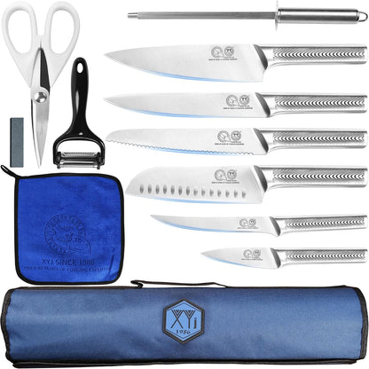 Stainless Steel Professional Japanese Kitchen Knife Set with Bag | Includes Paring, Boning, Santoku, Bread Slicing, Chef Knives, Honing Steel, Mini Whetstone, Scissors, Washing Cloth1