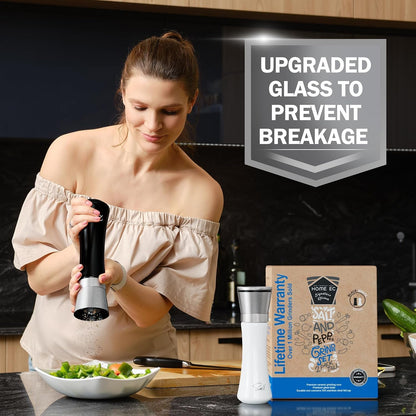 Stainless Steel Salt and Pepper Grinder Set of 2 - Adjustable Ceramic Sea Salt Grinder & Pepper Grinder - Glass Salt and Pepper Shakers - Pepper Mill & Salt Mill W/Funnel - Black and White5