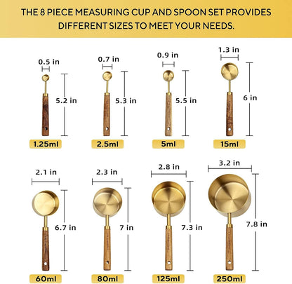 Measuring Cups and Spoons Set of 8, Golden Stainless Steel Measuring Cup with Wooden Handle, Kitchen/Food/Liquid/Baking (Gold)6