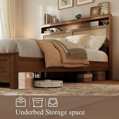 Queen Bed Frame with Natural Rattan Headboard, Brown5
