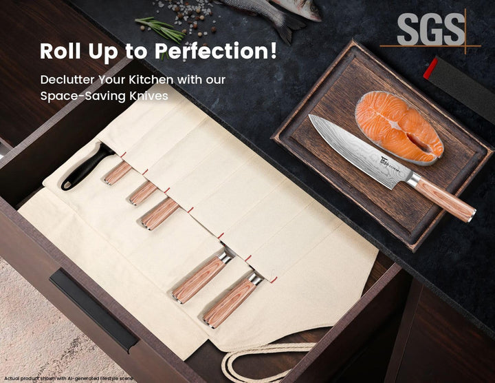 14Pcs Chef Knife Set with Roll Bag, Professional Stainless Steel Japanese Knife Set with Pakkawood Handle for Professional Chef, Camping, Travel, BBQ, RV or Gift Beige | High Carbon Stainless Steel Japanese Knife Set with Sharpener, Wood Handle, Professional for Home, Camping, BBQ, Ideal Gift+2