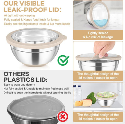 Mixing Bowls with Clear Lids, Stainless Steel Salad Bowls, Khaki4