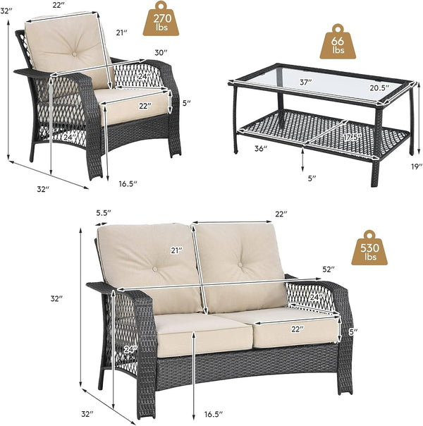 4 Pieces Outdoor Patio Furniture Set, Patiojoy PE Wicker Conversation Sofa Set with Tempered Glass Coffee Table, Sectional Rattan Patio Sofa Set for Garden, Backyard, Poolside (Beige)5