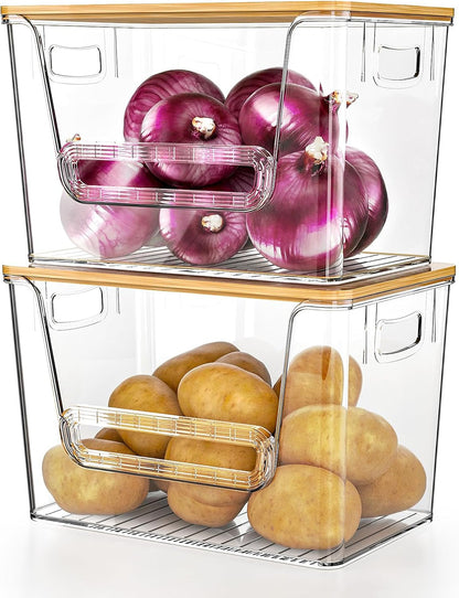 2 Set Pantry Organizers and Storage, Trash Bag Holder under Sink Organizer for 4-13 Gal Bags, Trash Bag Dispenser with Bamboo Top for Onion, Potato, Garlic, Clear (11-7/32"L*7" W*7-1/8"H)9