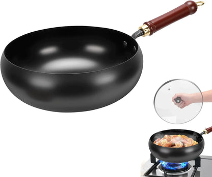 Suntuup Japanese Iron Pan, 28Cm/11In Cast Iron Wok (Glass Lid) | with Spatula, 2 Covers to Choose From, for Pots on Electric Stoves/Induction Cookers/Gas Stoves1