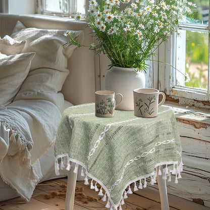 Boho Small Square Tablecloth 24''X24'', Sage Green Linen Table Cover, Nightstand Cover Top, round Square End Bedside Table Cloth Runner, Rustic Farmhouse Spring Summer Green Home Decor6