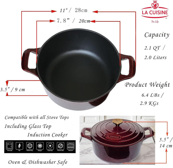 La Cuisine Enameled Cast Iron Dutch Oven Casserole Pot with Golden Handle for Lid, Internal Matte Black Enamel Coating 2.1QT 10.5" / 20Cm Ø, Oven-Safe 550°F/276°C Cranberry9