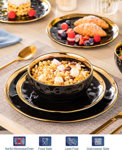 12 Pieces Plates and Bowls Sets, Porcelain Black and Gold Dinnerware Sets, round Dinner Plates Dishes Set Service for 4, Dishwasher Safe and Scratch Resistant, Black5