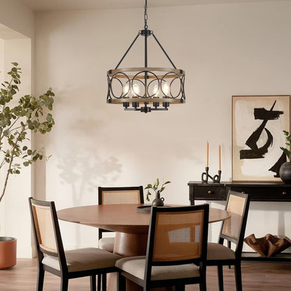 4-Light Farmhouse Chandelier, Rustic Faux Wood Chandeliers Dining Room Light Fixture, round Pendant Light, Hanging Kitchen Island Light for Living Room, Entryway, Foyer-Black & Wood Grain6