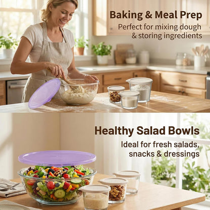 6QT Extra Large Glass Mixing Bowls Clear Glass Salad Cooking Bowls for Kitchen Salad Bread Storage with 8Oz Small Bowls,Ideal for Kitchen Storage ﻿3