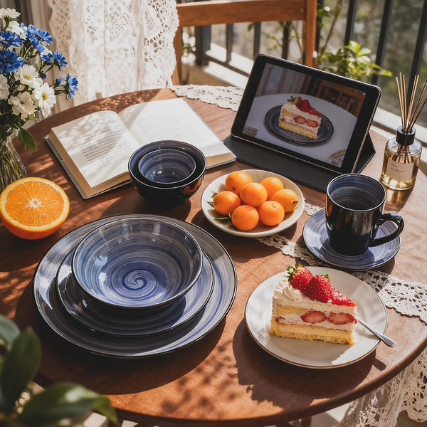 Stoneware Sonoma 56Pc Dinnerware Set, Black + Speckled Spin Wash Cobalt5