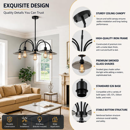 Black Farmhouse Chandelier, Glass Hanging Light Fixture for Dining Room4