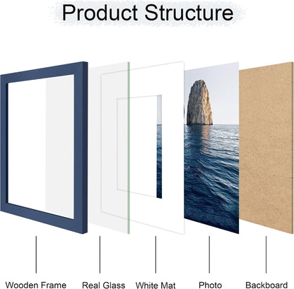 8X10 Picture Frame Set of 2, 8 X 10 Wood Photo Frames with Mat for 5X7, Natural Wooden Frame with Real Glass Cover for Wall and Tabletop Display,Blue3