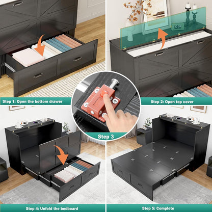 Queen Size Murphy Chest Bed with Drawer and Charging Station, Farmhouse Wood Space-Saving Hidden Folding Bed Chest, Multifunctional Storage Cabinet Beds for Bedroom, Office, Black5