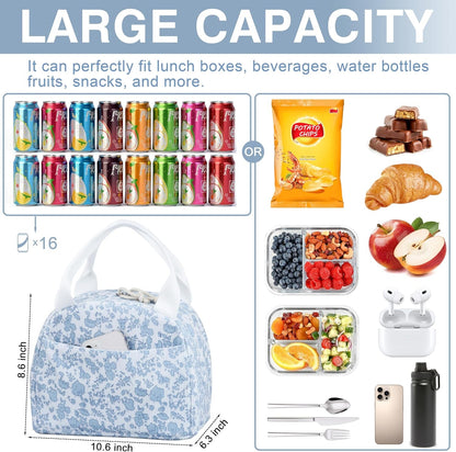 Lunch Bag - Insulated Lunch Box for Women, Reusable Large Capacity Cooler Bag for Adult, Small Leakproof Cute Corduroy Lunch Tote for Work Office Travel Picnic (Corduroy Blue-Flower)2