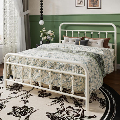 Full Metal Bed Frame with Victorian Iron-Art Headboard, Cream3