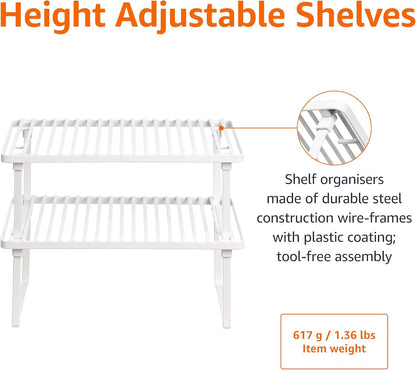 Space-Saving Stackable Metal Kitchen Cabinet Organizer Shelves for Dishes, Pantry Organization, 12.5" L X 8" D X 4.5" H, Set of 2, White4