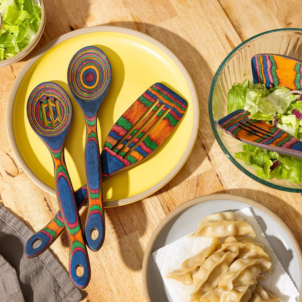 5Pc Wood Cooking Utensils Set - Wooden Spoons for Cooking – Pakka Wood Utensils for Cooking and Serving – Comfortable Grip and Non Stick (Blue Rainbow)4