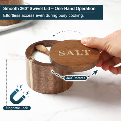 Salt Cellar, Acacia Wood Salt Container with Built-In Spoon & Swivel Lid, Engraved SALT Box, Salt Holder Bowl for Countertop Seasoning Storage4
