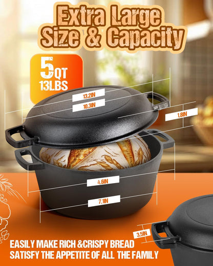 Cast Iron Dutch Oven for Sourdough Bread Baking, Pre-Seasoned 5QT Dutch Oven Pot with Lid, Include Proofing Basket, Silicone Sling & Dough Whisk5