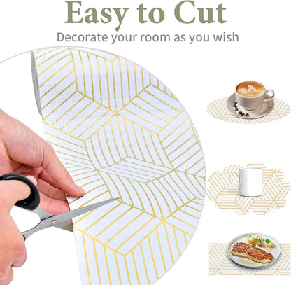 Shelf Liners for Kitchen Cabinets 12In X 20FT, Non Adhesive Cabinet Liner Strong Non-Slip Thickened Gold Geometric Drawer Liner, Easy to Clean for Shelf, Cabinet with Knife and Tape Measure9