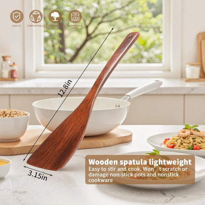Wooden Spatula for Cooking, Long Handle Wood Spatulas for Non Stick Frying Pan, Right Hand Wood Turner for Cooking Kitchen Cookware6
