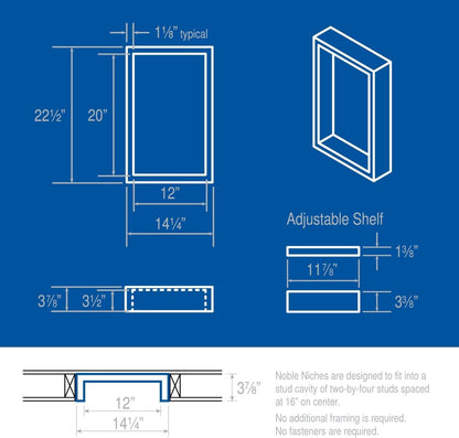 Noble 314 Preformed 12" X 20" ID Shower Niche, Tub, Caddy, Modern Bathroom Storage Solution, Adjustable Shelf, Water-Resistant, Easy Install Ideal for Toiletries Shampoo Shower Accessories3