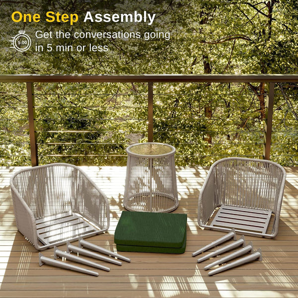 Breezeway Patio Furniture Set, 3-Piece outside Bistro Set Handwoven Rattan Wicker Chairs with Waterproof Cushions, Tempered Glass Table, Outdoor Conversation Set, Ivory White & Jungle Green4