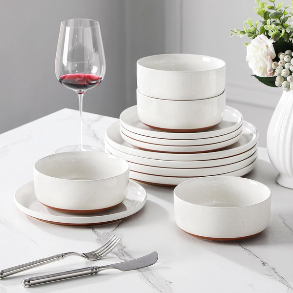 Plates and Bowls Sets, 12 Pieces Modern Stoneware Dinnerware Set for 4 Kitchen Dinner Set Ceramic Dishware Dishes Set Microwave and Dishwasher Safe, White, Series TARA7