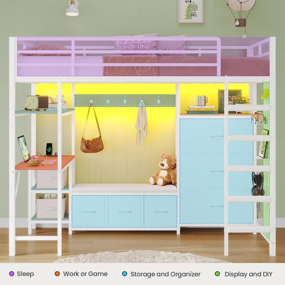 Twin Loft Bed with 6 Storage Drawers,Coat Rack and Open Shelves Metal Twin Size Loft Bed with Desk,Charging Station and LED Light,Loft Beds with Large Pegboard,Stairs and Safety Guardrail,White9