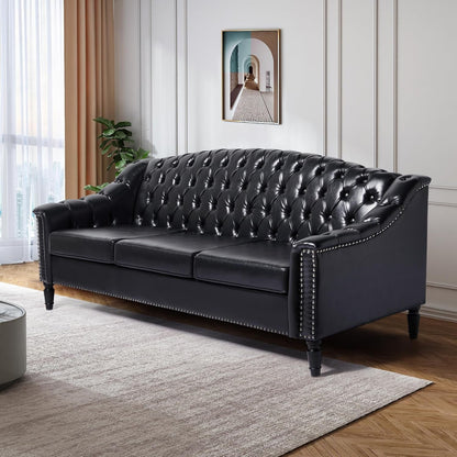 Mid-Century Modern Leather Couch, 80" Large Upholstered Sofa with High Back, Chesterfield Sofa Sleeper Settee with Solid Wood Legs, Tufted 3 Seater Wide Couches for Living Room Office (Black)6
