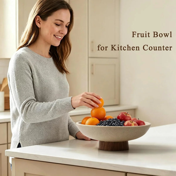 Pedestal Fruit Bowl, Decorative Resin Bowl, Faux Wood Base, Beige | Perfect for Kitchen Counters, Coffee Tables. Use as a Fruit Bowl, Centerpiece, or Catch-All for Everyday Essentials4