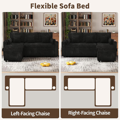 3 in 1 Pull Out Couch, Corduroy L Shaped Couch Sleeper Sofa Bed, Black4