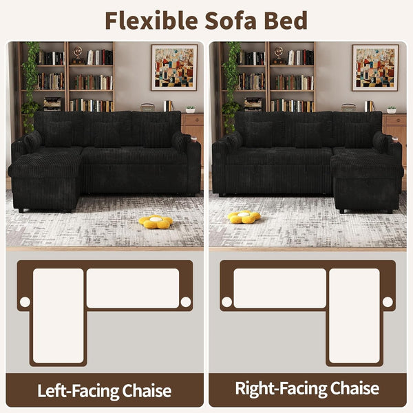 3 in 1 Pull Out Couch, Corduroy L Shaped Couch Sleeper Sofa Bed, Black4