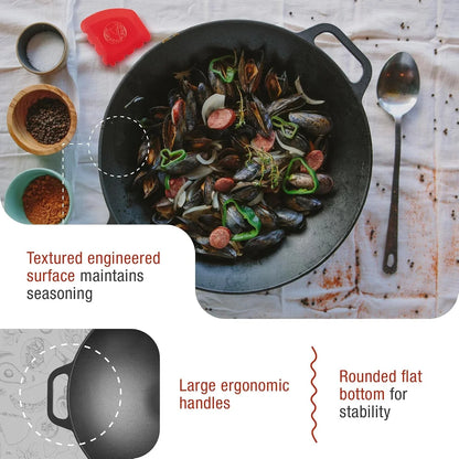 14-Inch Cast Iron Wok and Scraper Set, Seasoned Flat-Bottom Wok with Loop Handles and Grooved Scraper, Made in Colombia5