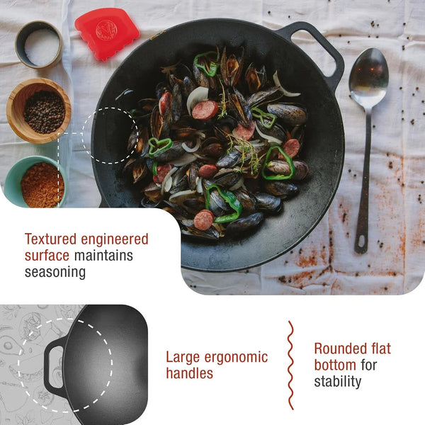 14-Inch Cast Iron Wok and Scraper Set, Seasoned Flat-Bottom Wok with Loop Handles and Grooved Scraper, Made in Colombia5