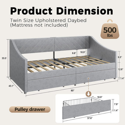 Twin Size Daybed with 2 Storage Drawers, Upholstered Daybed Frame with Charging Station, Heavy Duty Sofa Bed for Bedroom, Living Room, No Box Spring Needed,Easy Assembly2