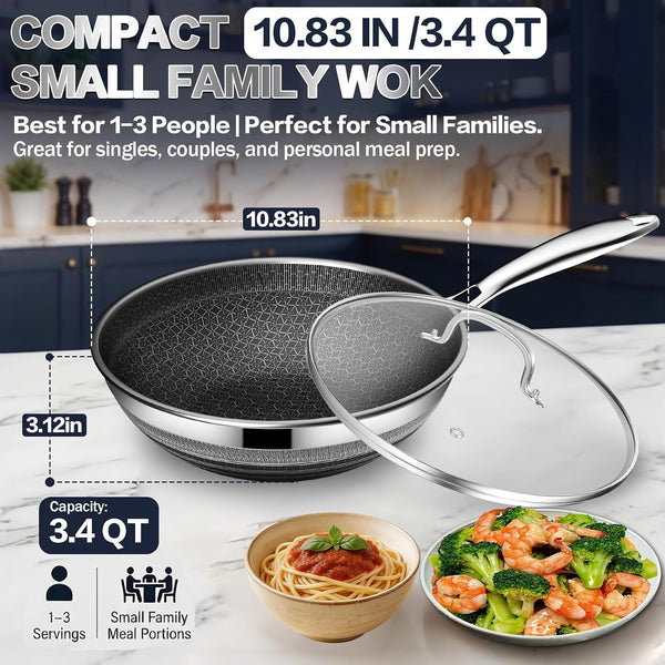 Woks & Stir-Fry Pans Nonstick - Hybrid 304 Stainless Steel Wok 10.8" Non Stick Wok Pan with Lid for Induction, Electric, Gas, All Stoves, PFOA Free Cookware, Dishwasher and Oven Safe6