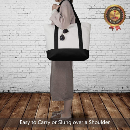 1 | 3 | 6 | 30 Pack Canvas Tote Bag with an External Pocket, Reusable Grocery Shopping Bag, Top Zipper Closure, Daily Essentials (Black/Natural Pack of 1)2